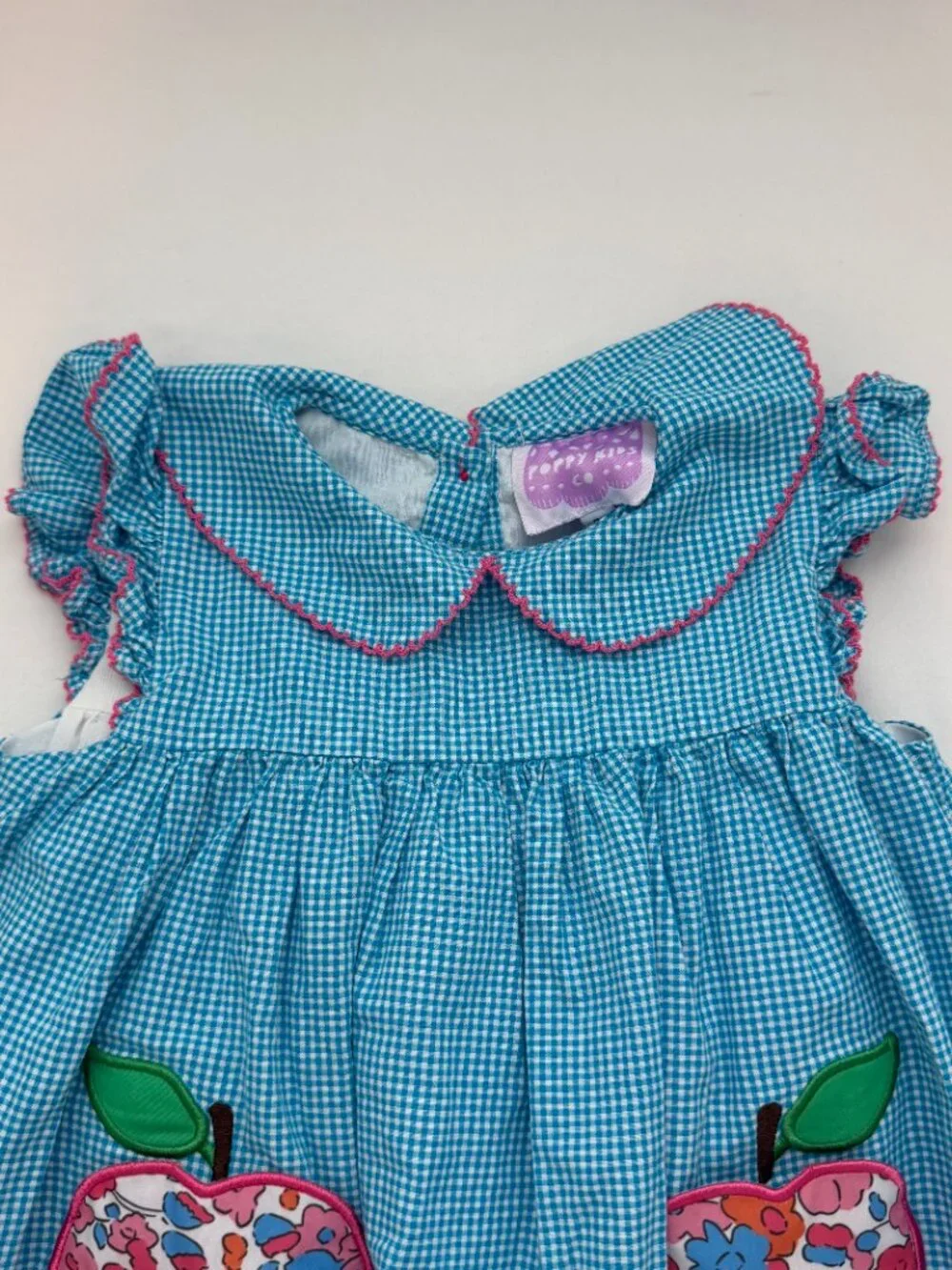 Vintage Poppy Kids Co Girls 2T Blue Gingham Apple Applique Dress Cottagecore